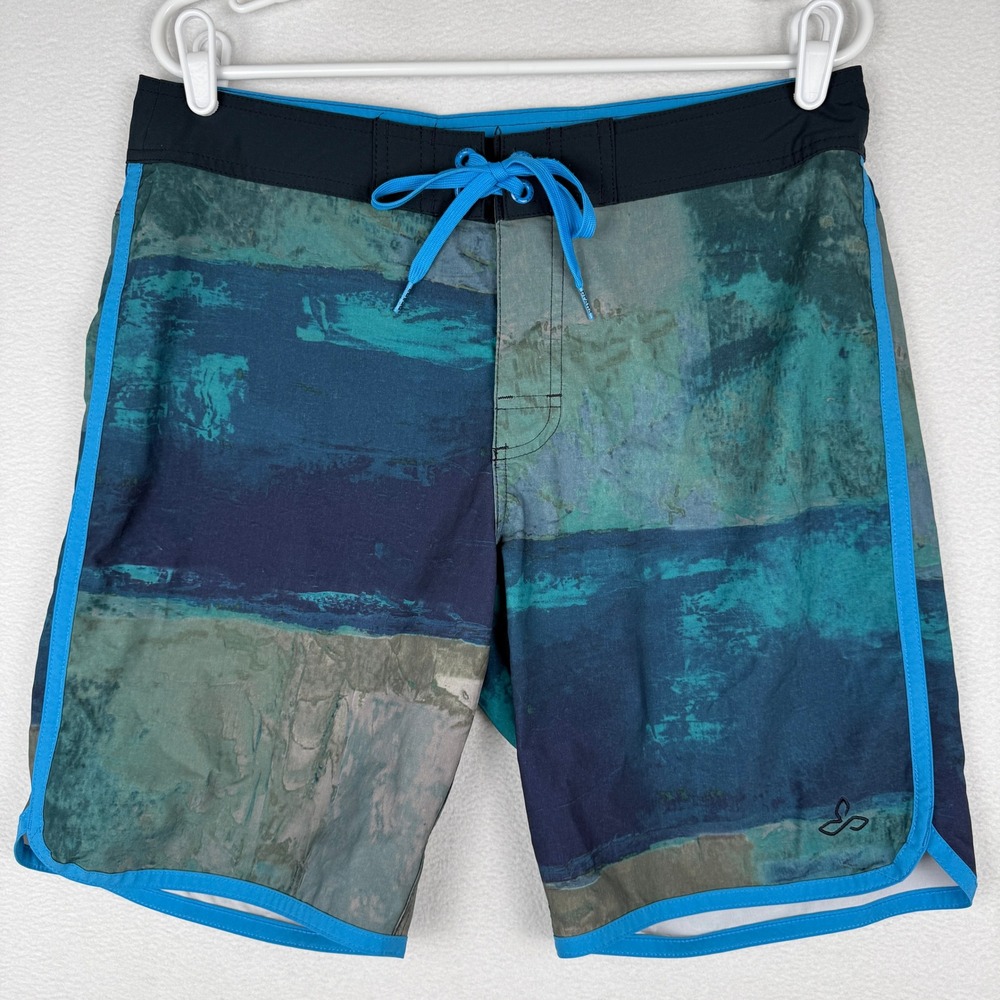 Prana Board Shorts Mens 32 High Seas Blue Abstract Print UPF 50 Swim Trunks